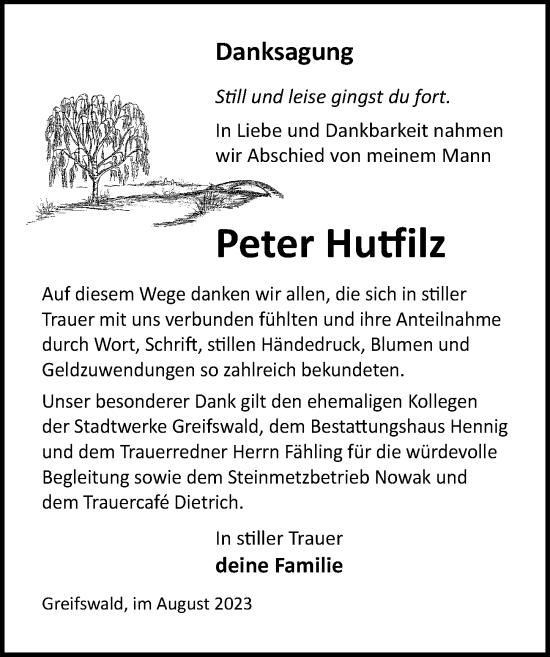 Traueranzeige von Peter Hutfilz von Ostsee-Zeitung GmbH