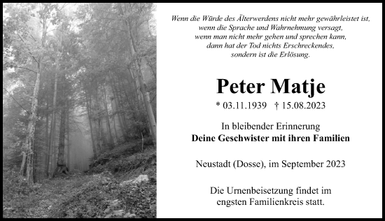 Traueranzeige von Peter Matje