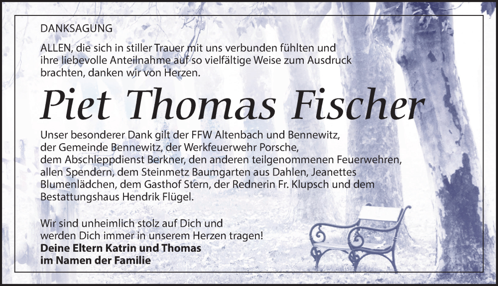  Traueranzeige für Piet Thomas Fischer vom 02.09.2023 aus Leipziger Volkszeitung