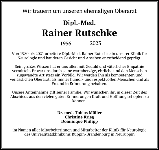Traueranzeige von Rainer Rutschke von Märkischen Allgemeine Zeitung