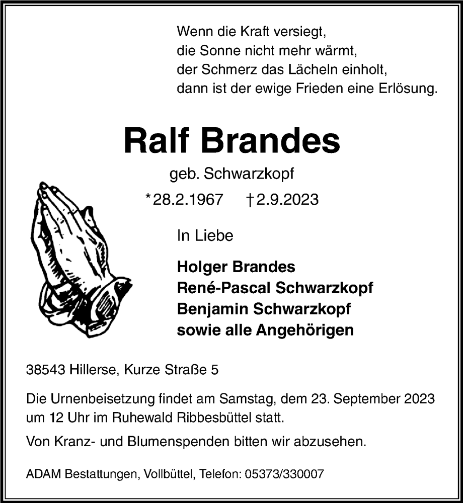  Traueranzeige für Ralf Brandes vom 16.09.2023 aus Aller Zeitung