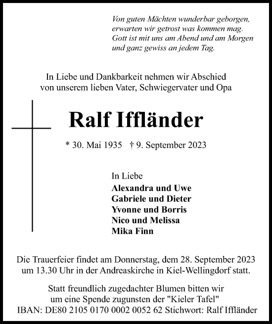 Traueranzeige von Ralf Iffländer von Kieler Nachrichten