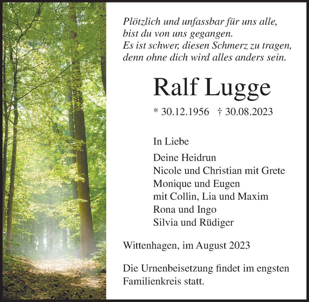  Traueranzeige für Ralf Lugge vom 09.09.2023 aus Ostsee-Zeitung GmbH