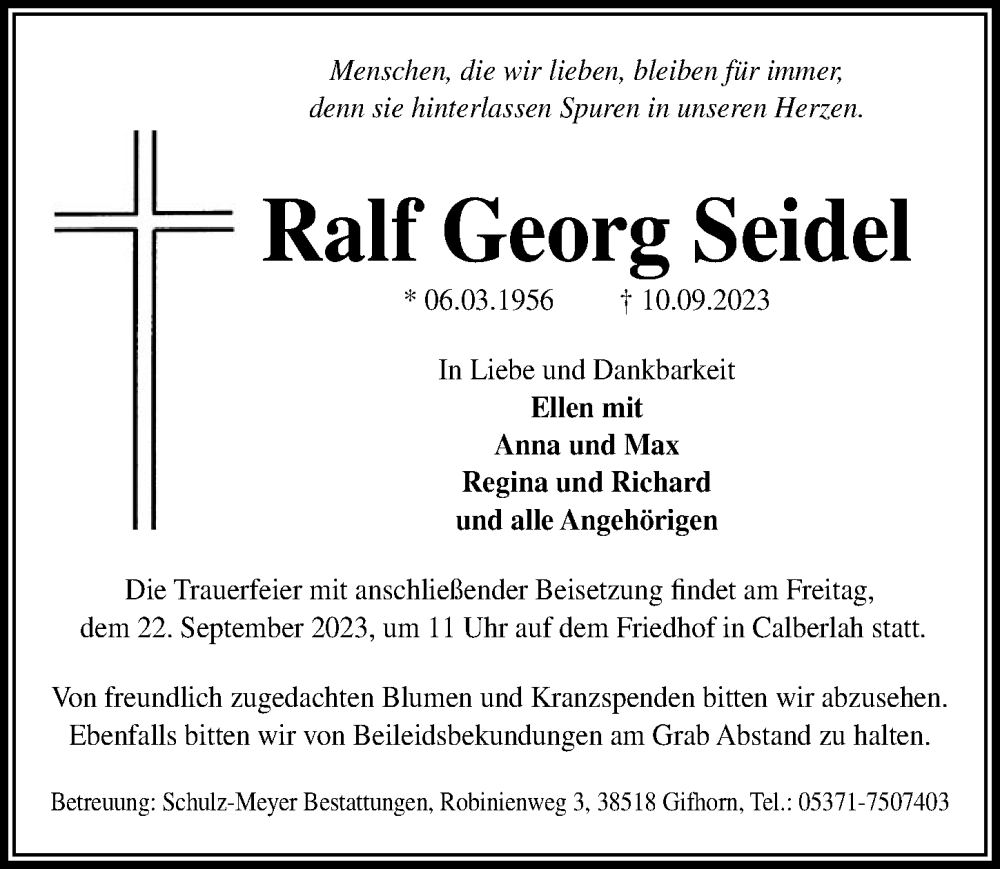  Traueranzeige für Ralf Georg Seidel vom 16.09.2023 aus Aller Zeitung