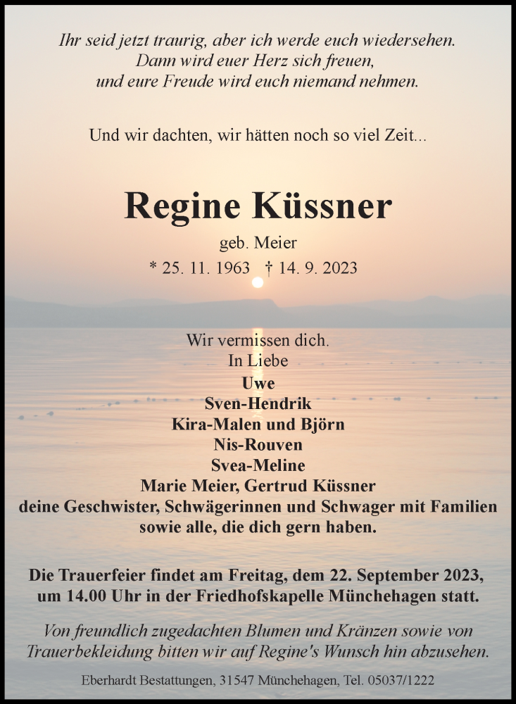 Traueranzeige für Regine Küssner vom 19.09.2023 aus Schaumburger Nachrichten