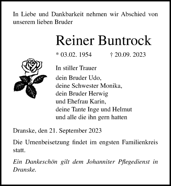 Traueranzeige von Reiner Buntrock von Ostsee-Zeitung GmbH
