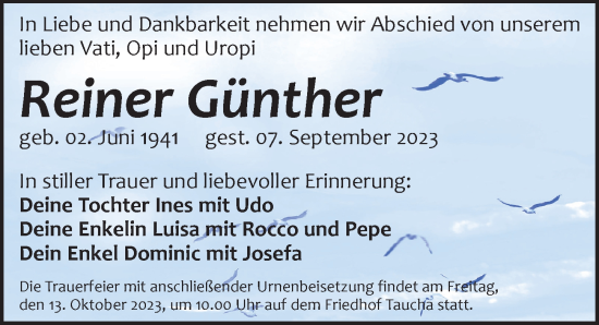 Traueranzeige von Reiner Günther von Leipziger Volkszeitung