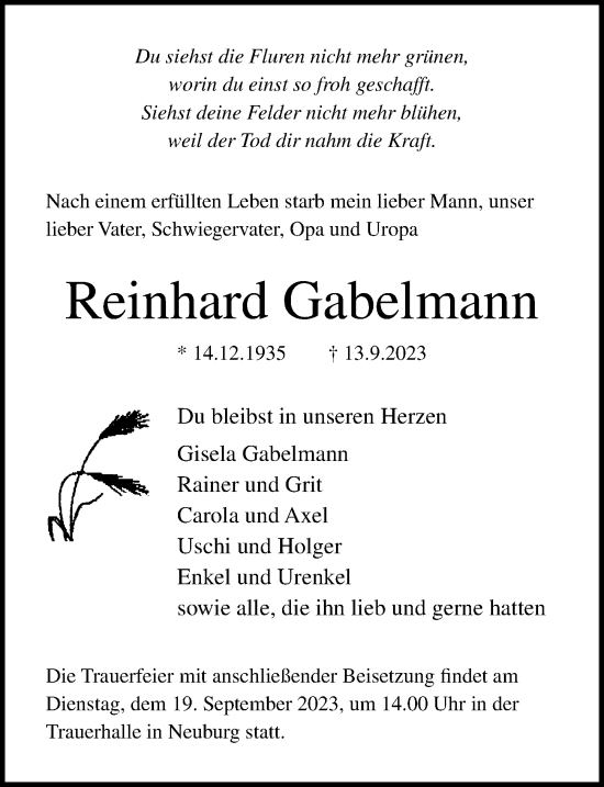 Traueranzeige von Reinhard Gabelmann von Ostsee-Zeitung GmbH