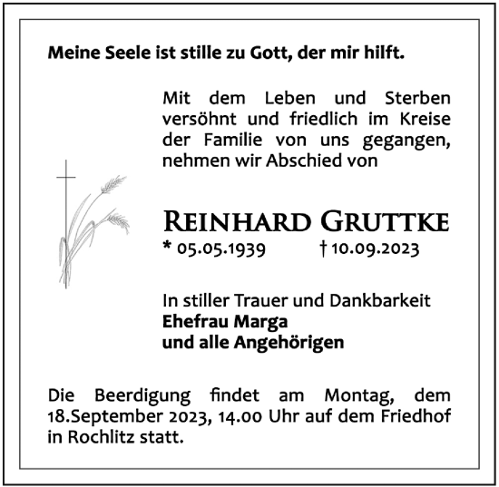 Traueranzeige von Reinhard Gruttke von Leipziger Volkszeitung