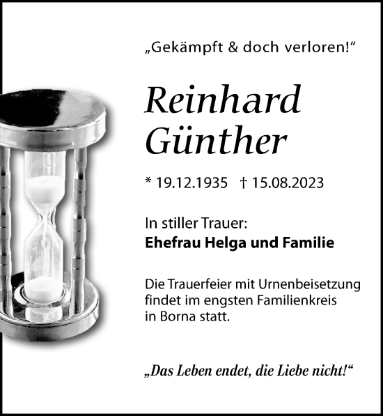 Traueranzeige von Reinhard Günther von Leipziger Volkszeitung