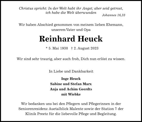 Traueranzeige von Reinhard Heuck von Kieler Nachrichten