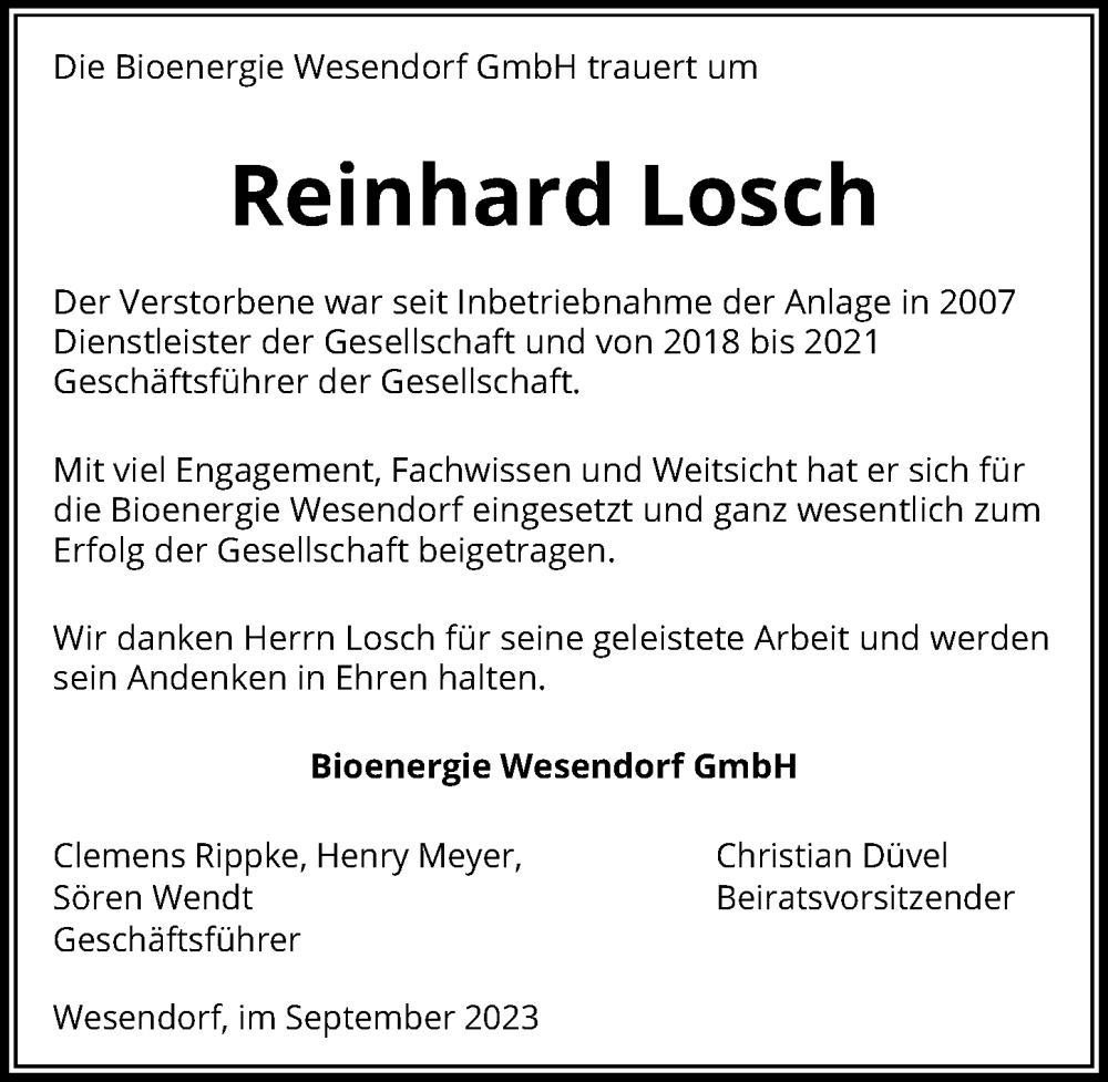  Traueranzeige für Reinhard Losch vom 20.09.2023 aus Aller Zeitung