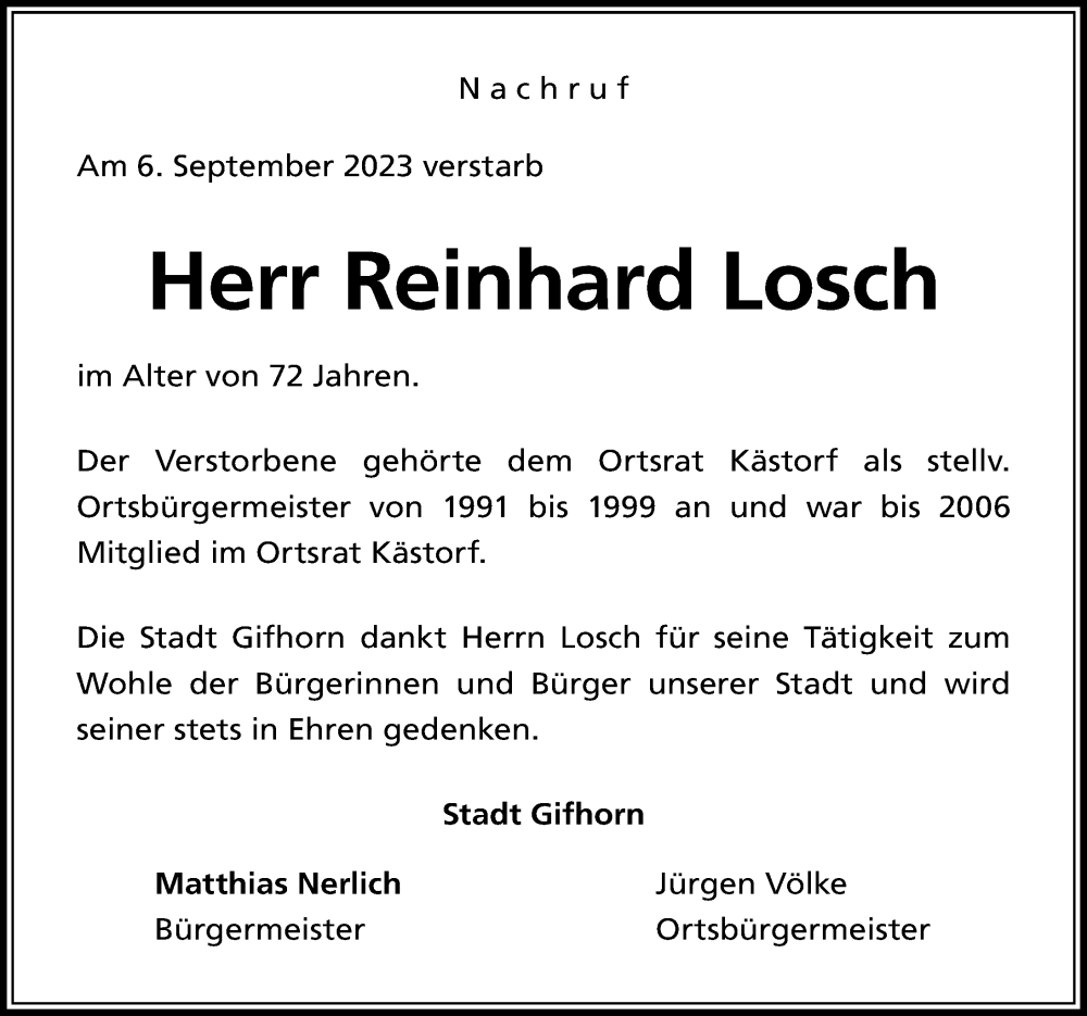  Traueranzeige für Reinhard Losch vom 18.09.2023 aus Aller Zeitung