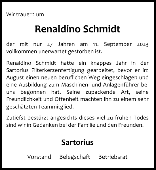 Traueranzeige von Renaldino Schmidt von Göttinger Tageblatt