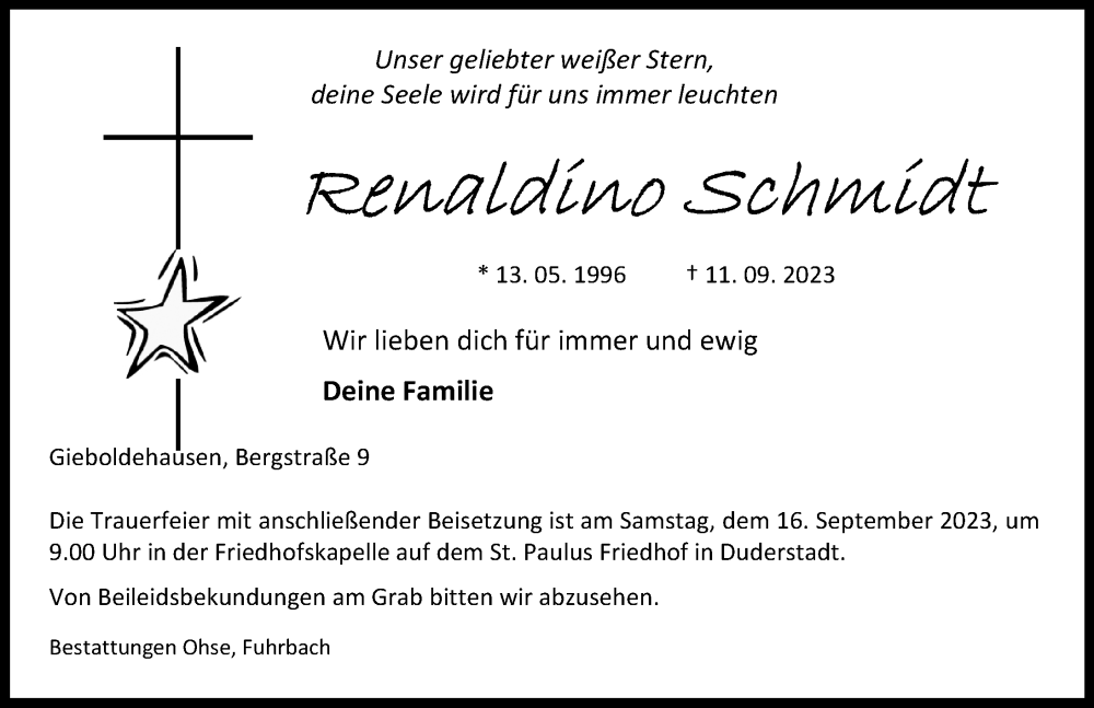  Traueranzeige für Renaldino Schmidt vom 15.09.2023 aus Göttinger Tageblatt