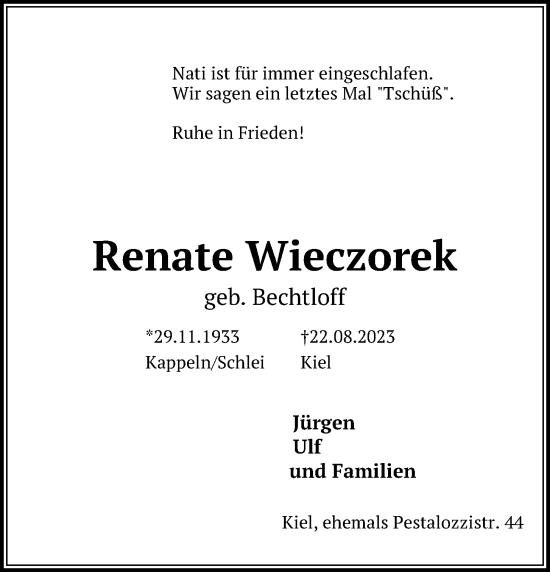 Traueranzeige von Renate Wieczorek von Kieler Nachrichten