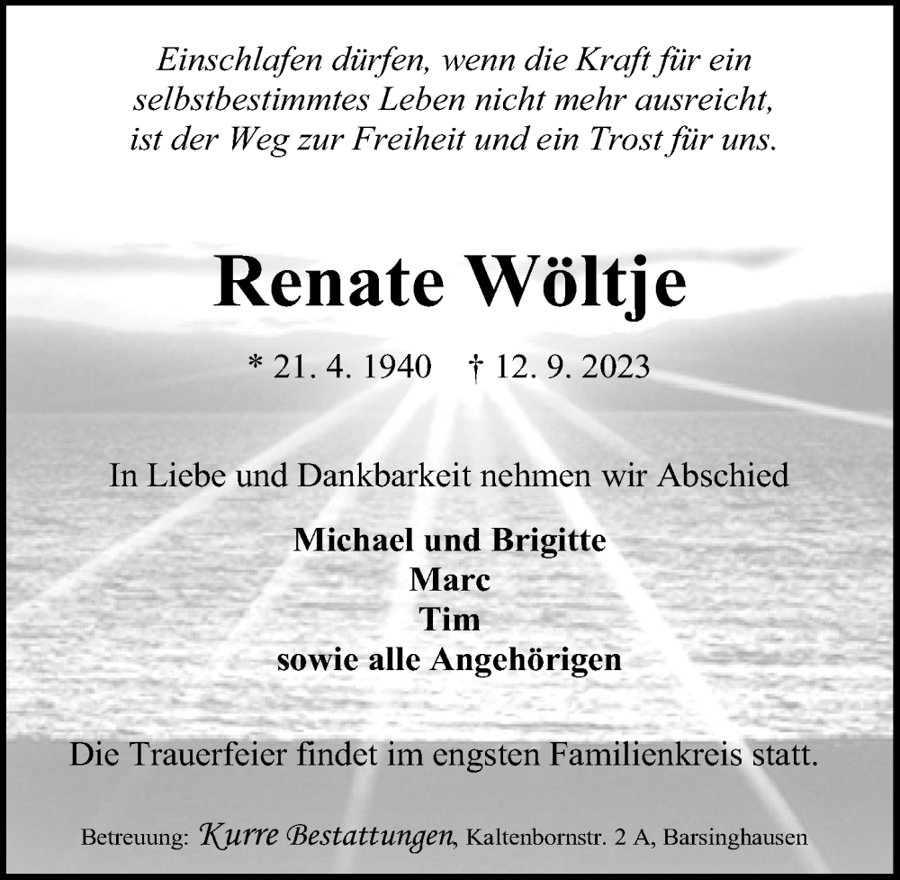  Traueranzeige für Renate Wöltje vom 16.09.2023 aus Hannoversche Allgemeine Zeitung/Neue Presse