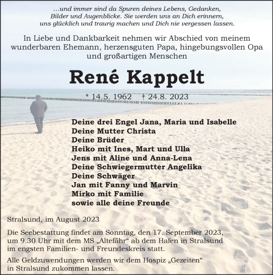Traueranzeige von René Kappelt von Ostsee-Zeitung GmbH