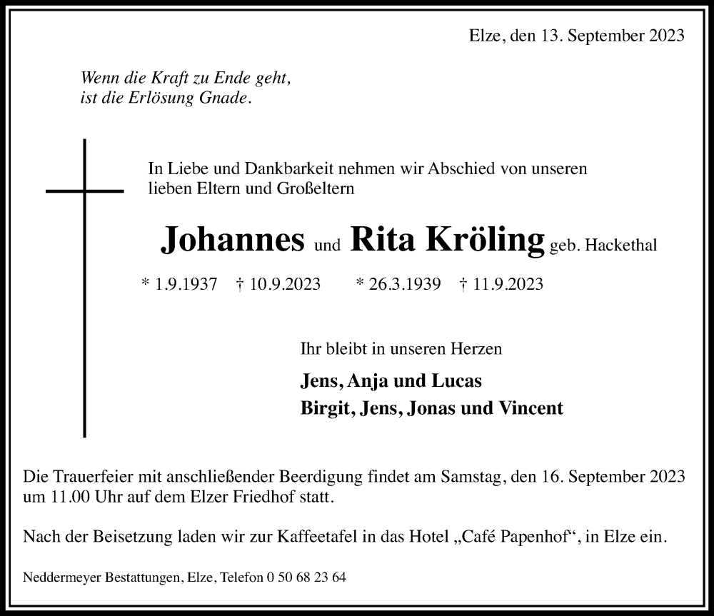  Traueranzeige für Rita Kröling vom 14.09.2023 aus Eichsfelder Tageblatt