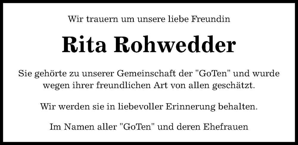  Traueranzeige für Rita Rohwedder vom 16.09.2023 aus Kieler Nachrichten