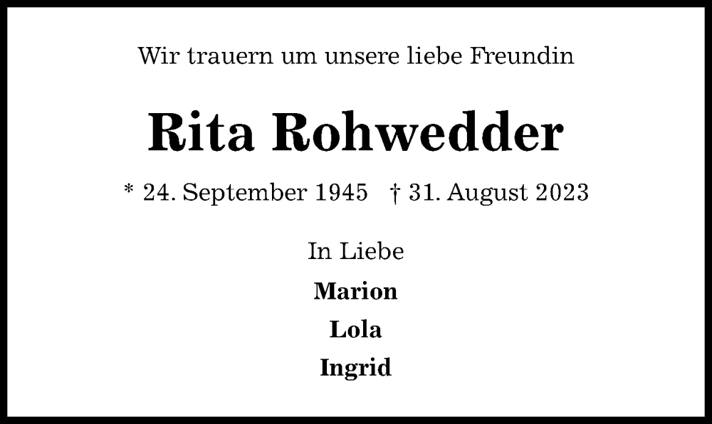  Traueranzeige für Rita Rohwedder vom 16.09.2023 aus Kieler Nachrichten