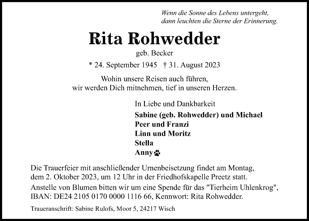  Traueranzeige für Rita Rohwedder vom 16.09.2023 aus Kieler Nachrichten