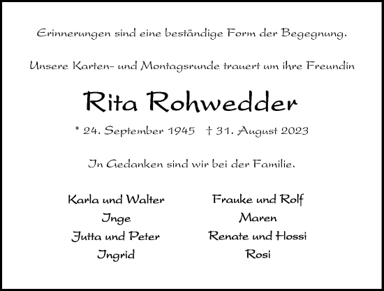 Traueranzeige von Rita Rohwedder von Kieler Nachrichten