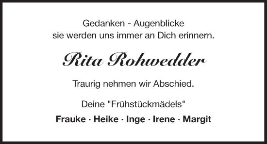 Traueranzeige von Rita Rohwedder von Kieler Nachrichten