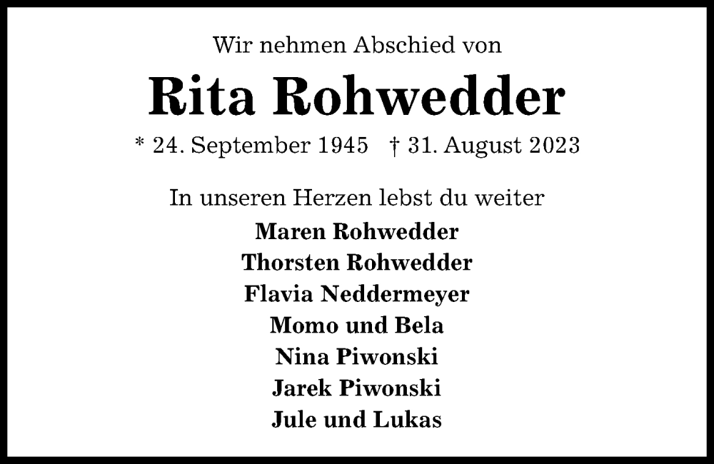  Traueranzeige für Rita Rohwedder vom 16.09.2023 aus Kieler Nachrichten