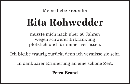 Traueranzeige von Rita Rohwedder von Kieler Nachrichten