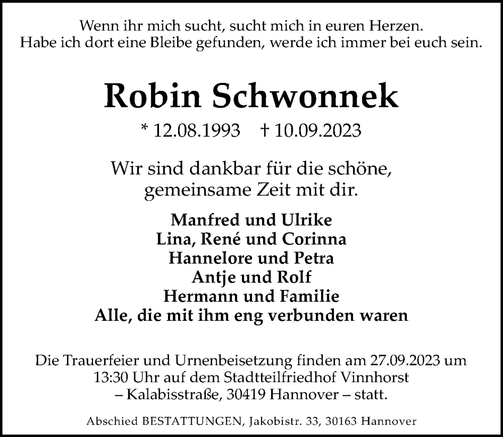  Traueranzeige für Robin Schwonnek vom 23.09.2023 aus Hannoversche Allgemeine Zeitung/Neue Presse