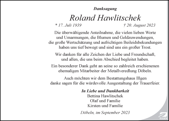 Traueranzeige von Roland Hawlitschek von Leipziger Volkszeitung