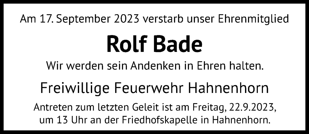  Traueranzeige für Rolf Bade vom 20.09.2023 aus Aller Zeitung