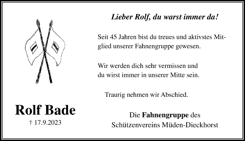  Traueranzeige für Rolf Bade vom 23.09.2023 aus Aller Zeitung