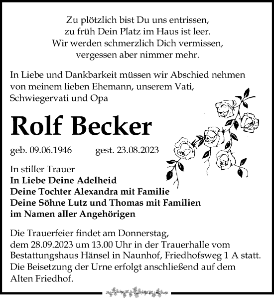 Traueranzeige von Rolf Becker von Leipziger Volkszeitung