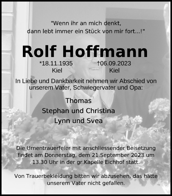 Traueranzeige von Rolf Hoffmann von Kieler Nachrichten