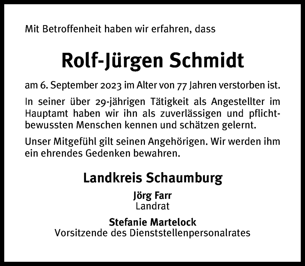  Traueranzeige für Rolf-Jürgen Schmidt vom 13.09.2023 aus Schaumburger Nachrichten