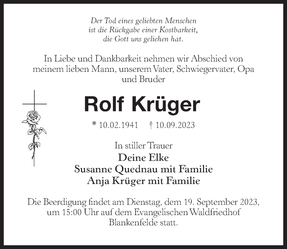  Traueranzeige für Rolf Krüger vom 16.09.2023 aus Märkischen Allgemeine Zeitung