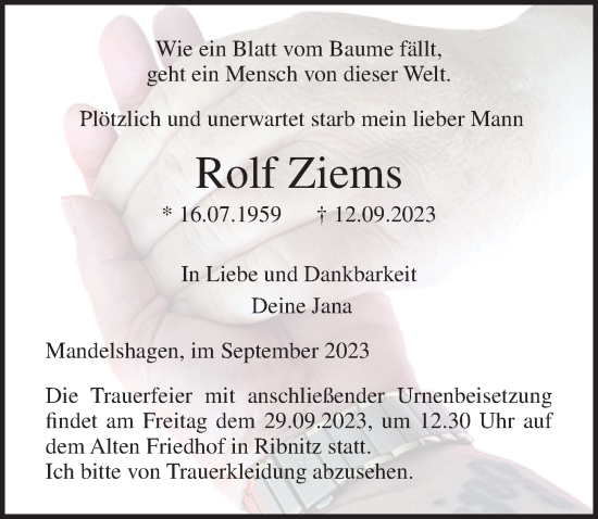 Traueranzeige von Rolf Ziems von Ostsee-Zeitung GmbH