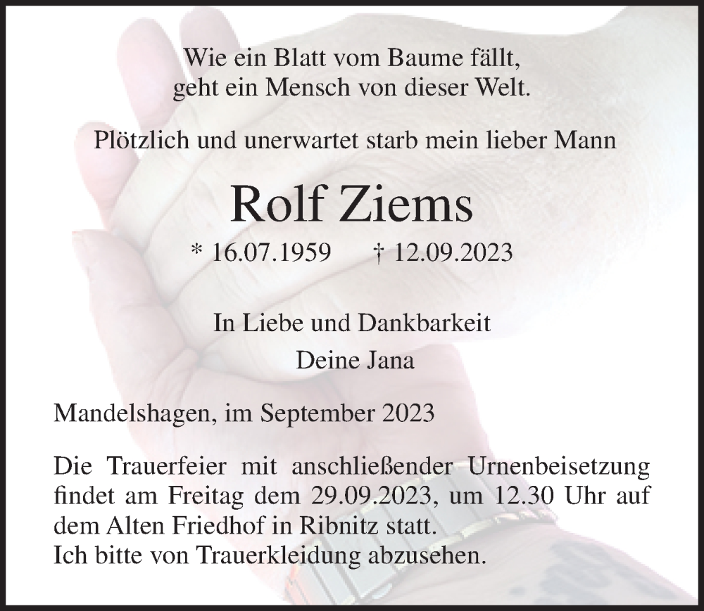  Traueranzeige für Rolf Ziems vom 16.09.2023 aus Ostsee-Zeitung GmbH