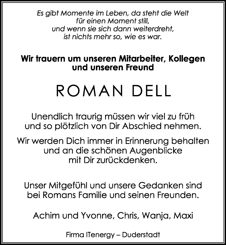  Traueranzeige für Roman Dell vom 22.09.2023 aus Göttinger Tageblatt