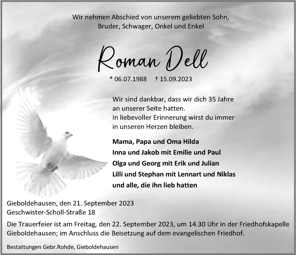  Traueranzeige für Roman Dell vom 21.09.2023 aus Eichsfelder Tageblatt