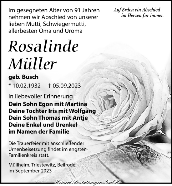 Traueranzeige von Rosalinde Müller von Torgauer Zeitung