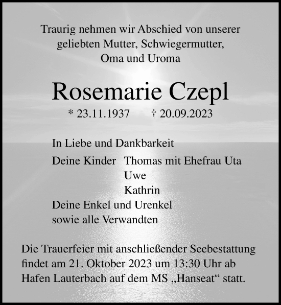 Traueranzeige von Rosemarie Czepl von Ostsee-Zeitung GmbH