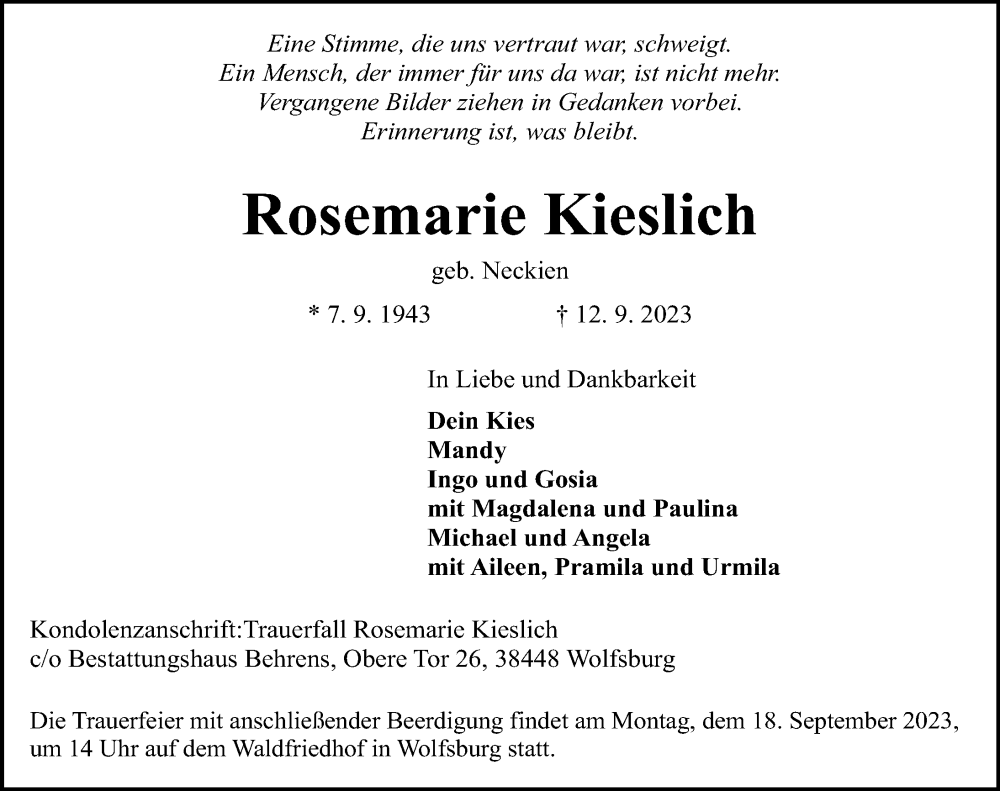  Traueranzeige für Rosemarie Kieslich vom 16.09.2023 aus Aller Zeitung