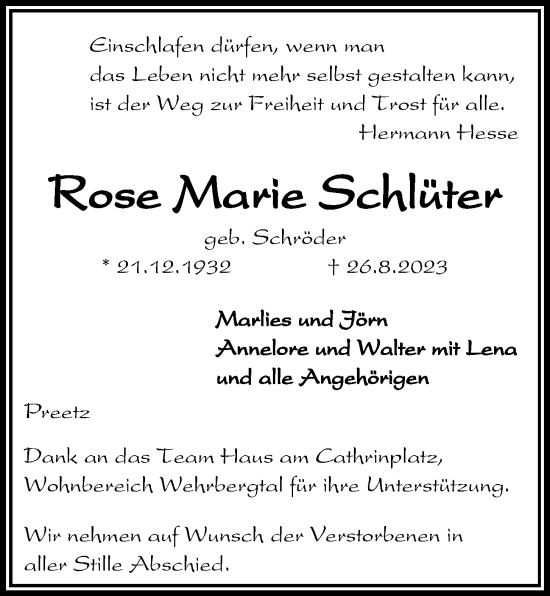 Traueranzeige von Rose Marie Schlüter von Kieler Nachrichten