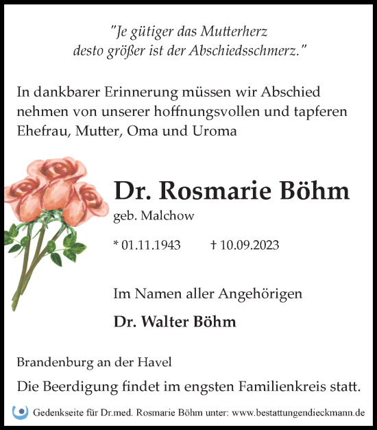 Traueranzeige von Rosmarie Böhm von Märkischen Allgemeine Zeitung
