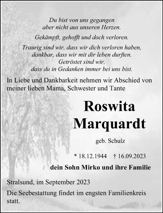Traueranzeige von Roswita Marquardt von Ostsee-Zeitung GmbH