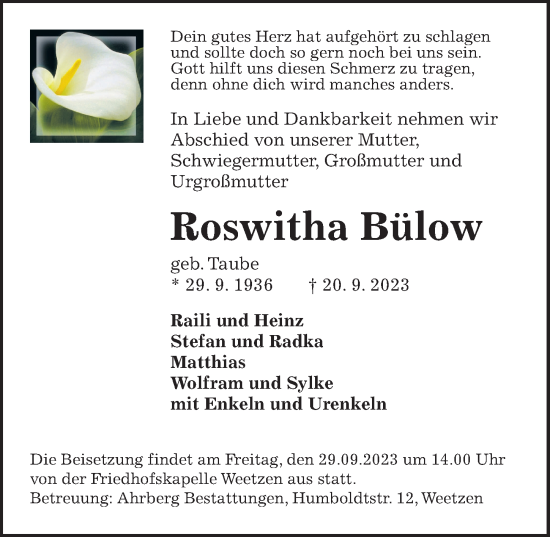 Traueranzeige von Roswitha Bülow von Hannoversche Allgemeine Zeitung/Neue Presse