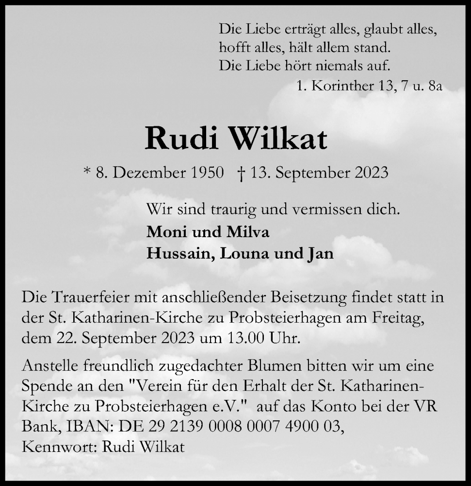  Traueranzeige für Rudi Wilkat vom 19.09.2023 aus Kieler Nachrichten